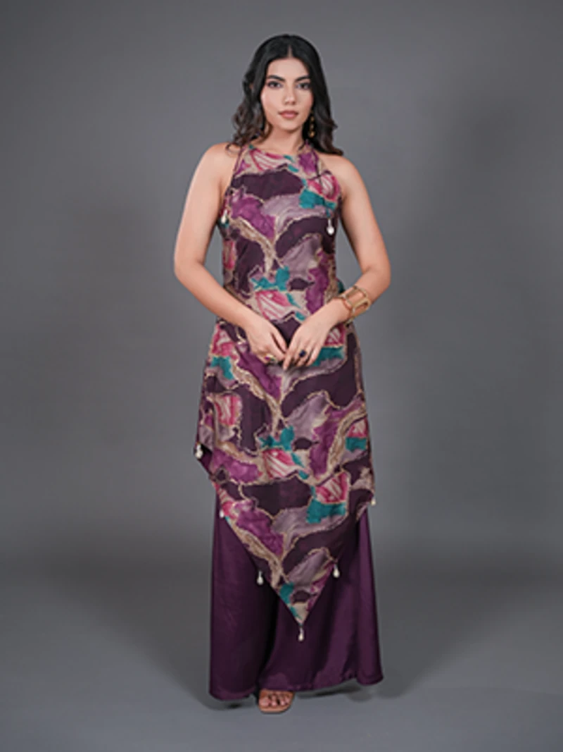 Purple Halter Neck Kurta Set With Foil Print