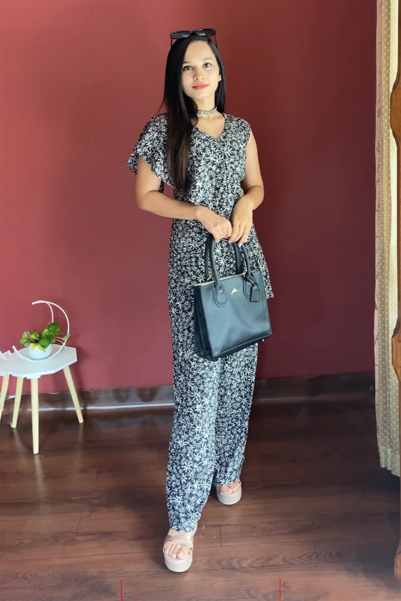 Black Viscose Floral Jumpsuit With Ruffle Detailing