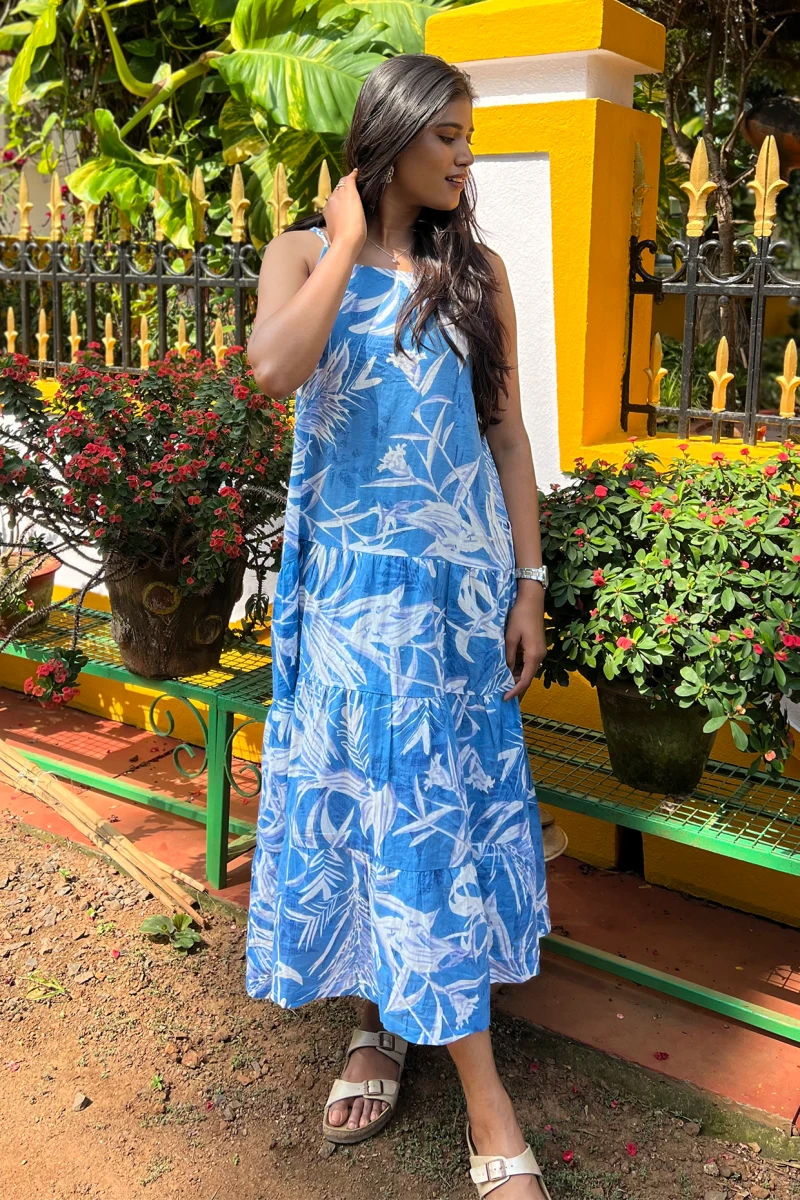 Blue Cotton Tiered Strappy Dress For Summer Wear