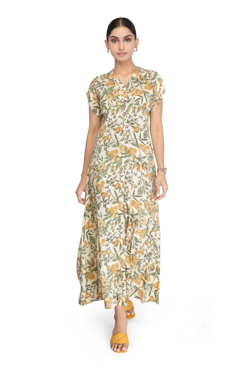 Off-White Maxi Dress With Front Slit And Floral Print