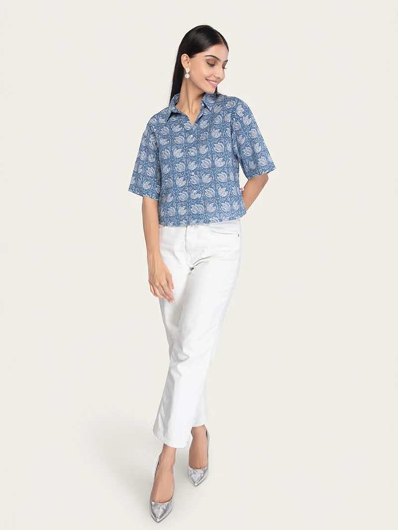 Blue Cotton Floral Crop Shirt With Stand Collar