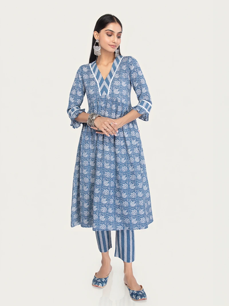 Blue Cotton V-Neck Kurta With Matching Pants