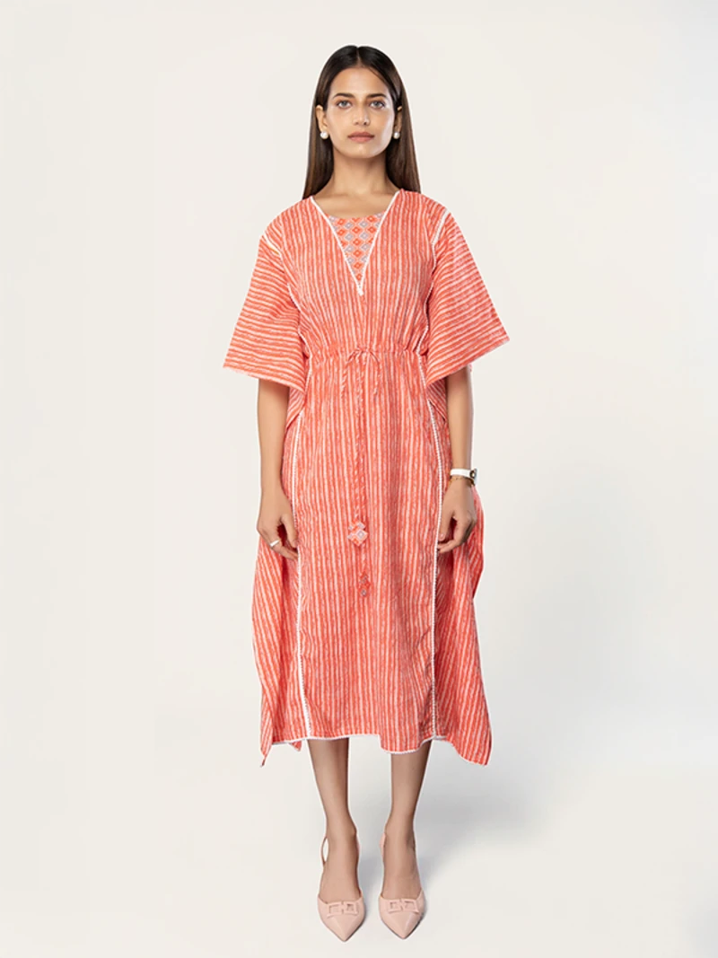 Pink Cotton Kaftan Dress With Lace Detail And Closed Neck
