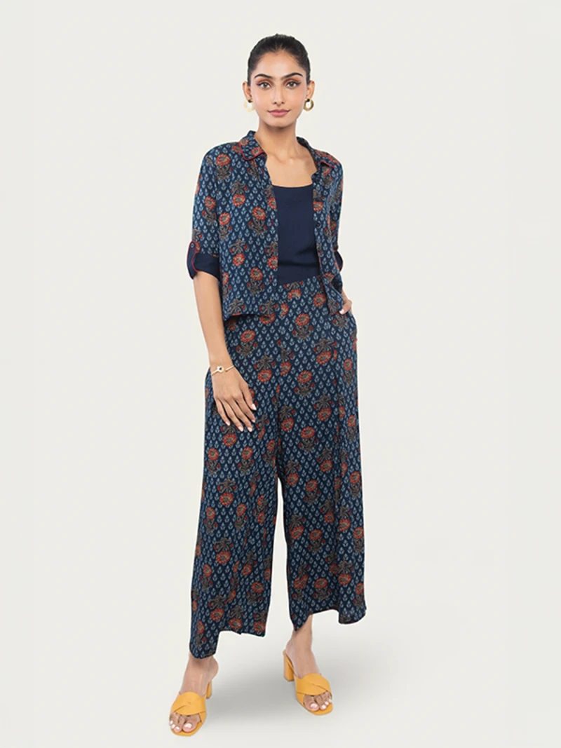 Blue Viscose 3-Piece Set With Floral Shirt, Inner, And Pants