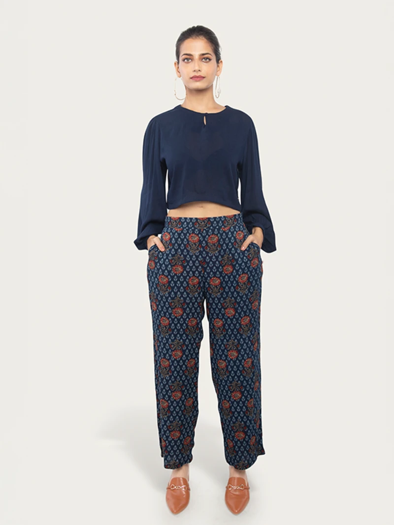Blue Viscose Crop Top With Straight Pants Coord Set