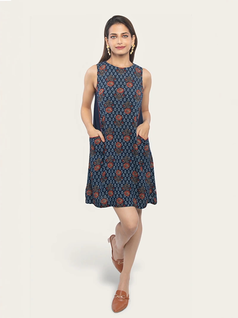 Indigo Viscose Floral Print Dress For Casual Wear