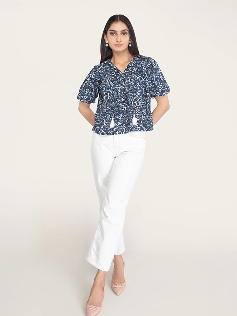 Blue Viscose Tunic Top With Puff Sleeves