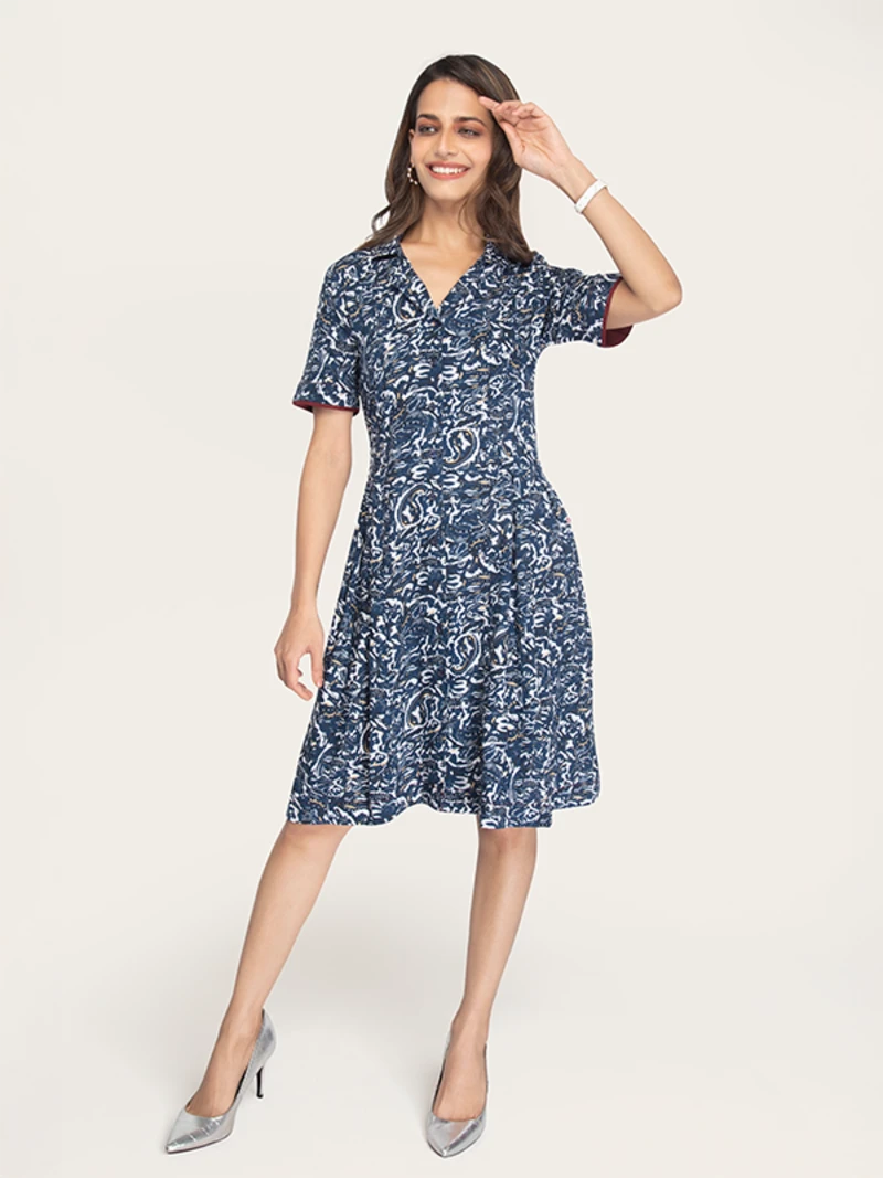Blue Viscose Dress With Abstract Print, Notch Collar, And Short Sleeves