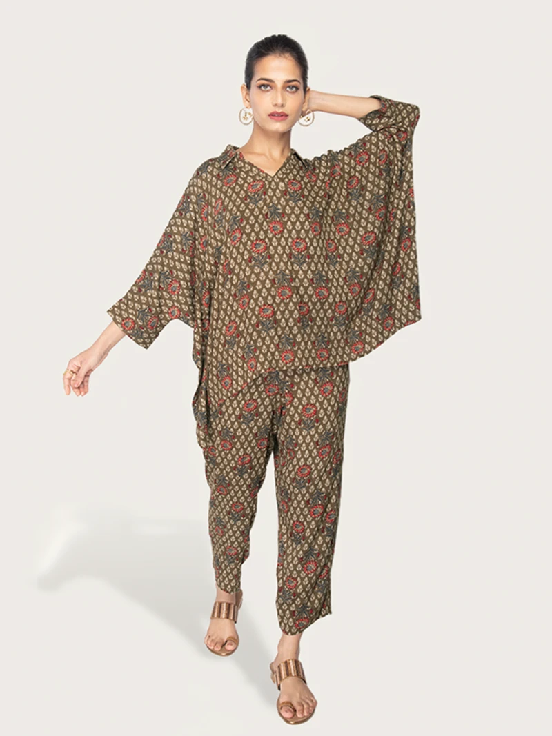 Green Viscose Shirt-Style Kaftan Coord Set