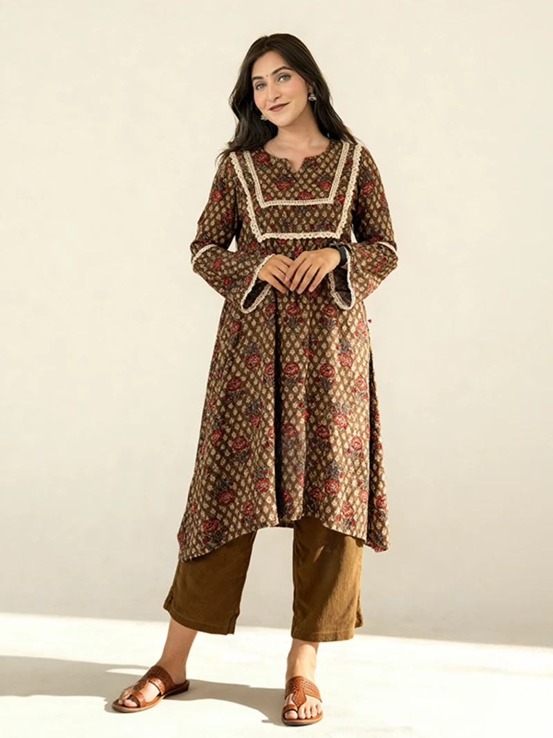 Green Ethnic Viscose Kurta Set With Lace Detail