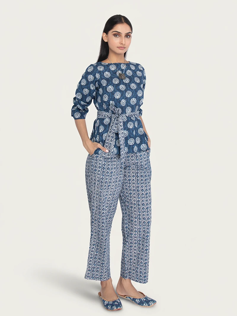 Blue Indigo Cotton Floral Top With Pant 2-Piece Ethnic Coord Set