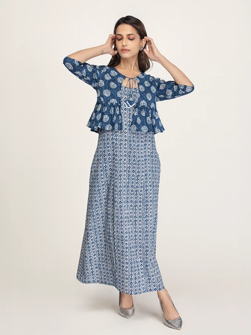 Blue Princess Cut Dress With Slit And Pleated Shrug