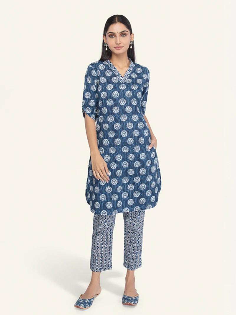 Indigo Cotton Straight-Cut Printed Kurta With Pant Set