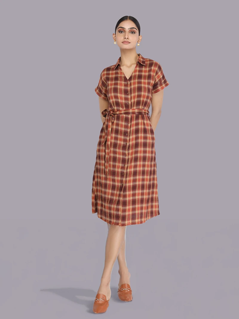 Brown Shirt Dress With Checked Pattern