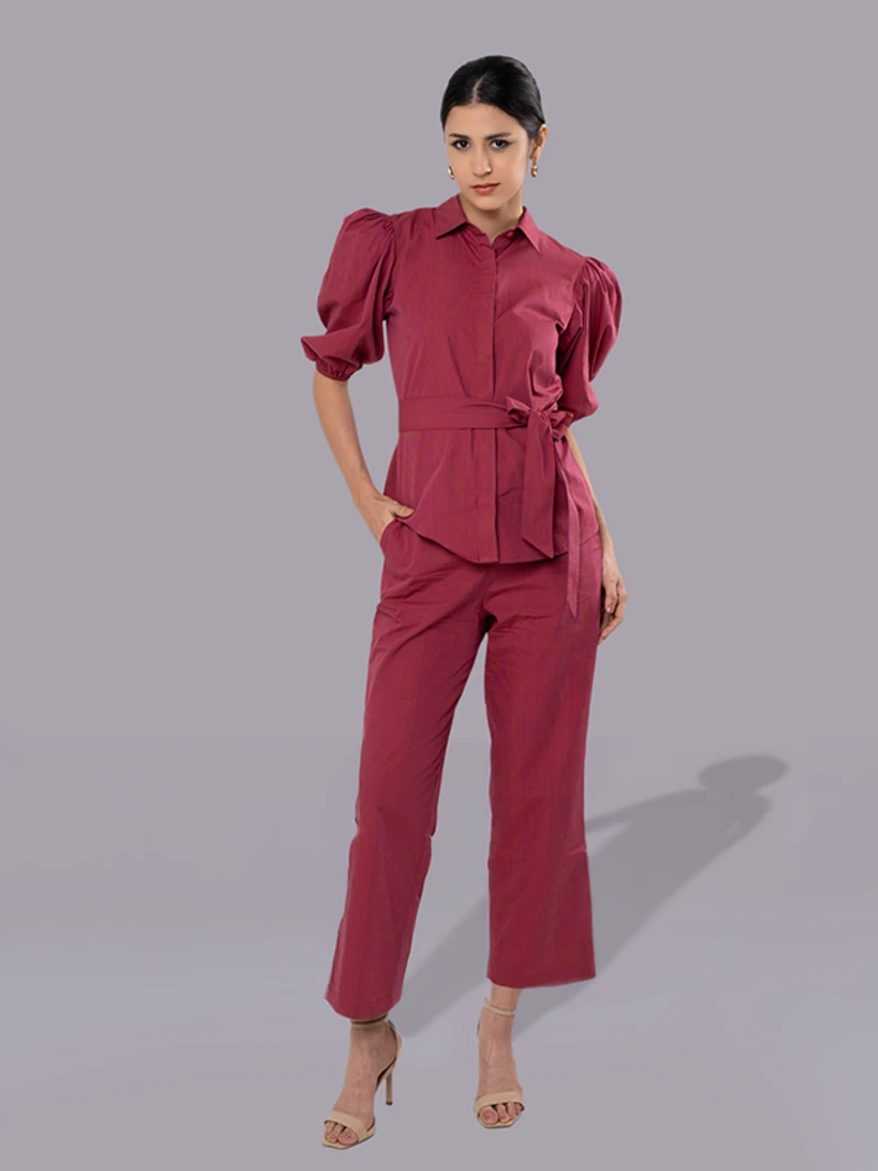 Pink Striped Puff Sleeve Top With Matching Trouser Coord Set