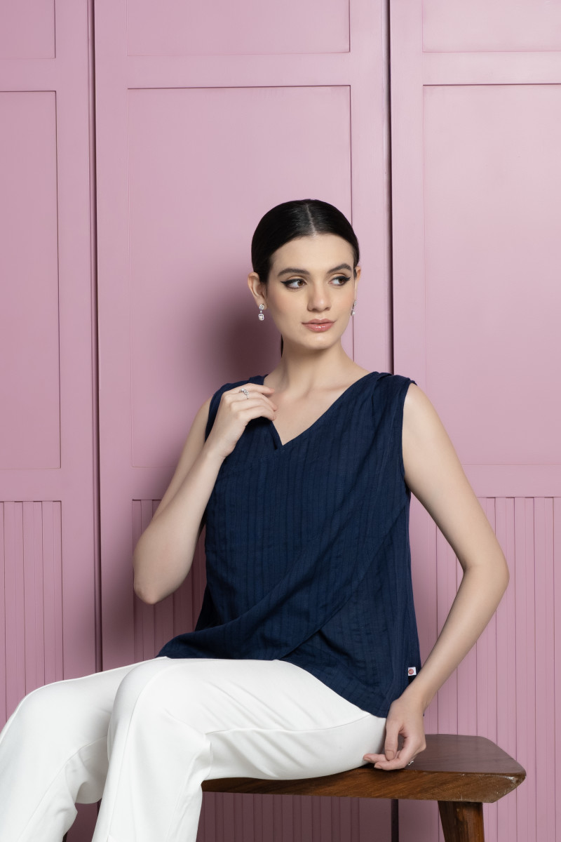 Blue Wrap-Style Loose Fit Top For Women