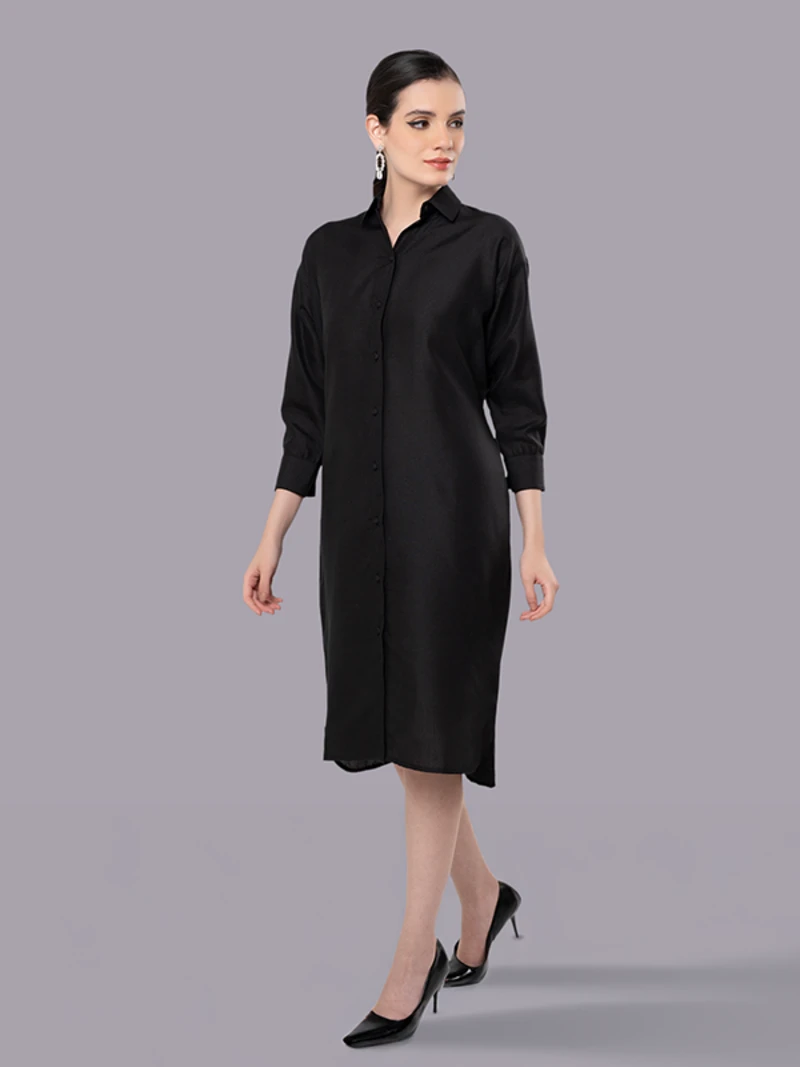 Black Long Shirt Dress For Casual Or Formal Wear