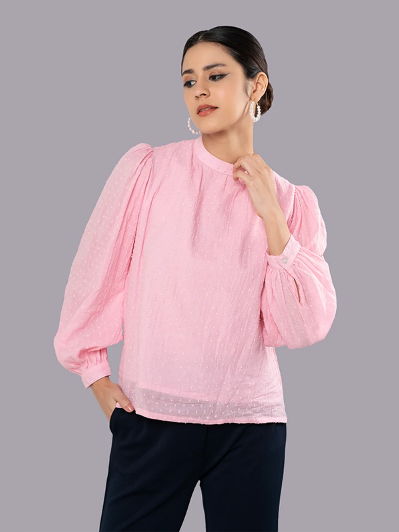 Pink Top With Mandarin Collar And Bishop Sleeves