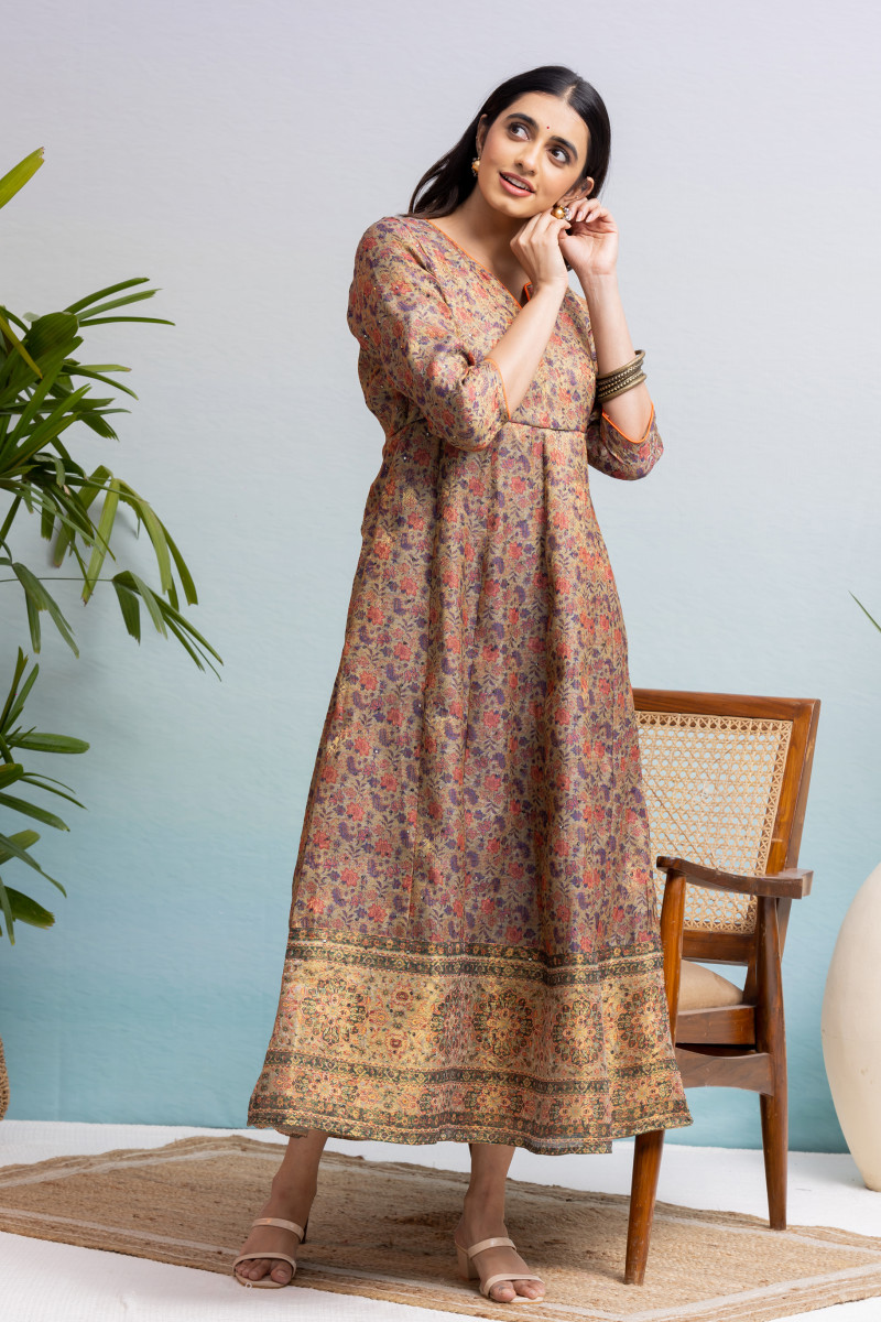 Green And Gold Jacquard Paneled Anarkali Dress