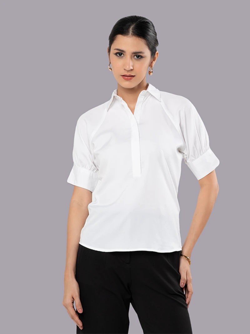 White Short Placket Shirt With Collar And Cuffed Raglan Sleeves