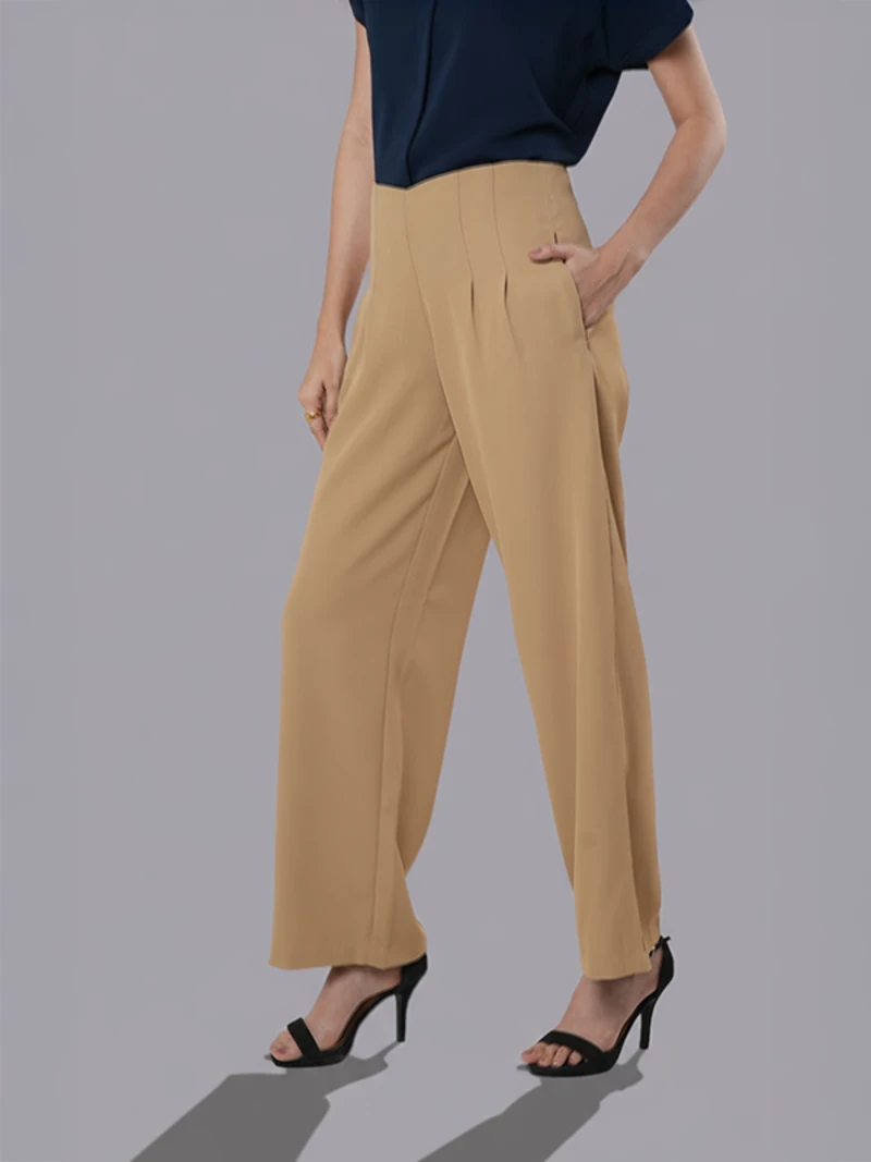Beige High-Rise Trousers With Loose Fit And Solid Finish