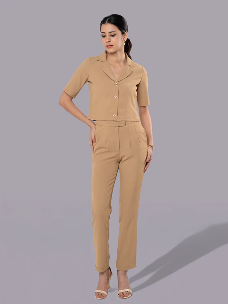 Beige Cropped Blazer And Trouser Coord Set