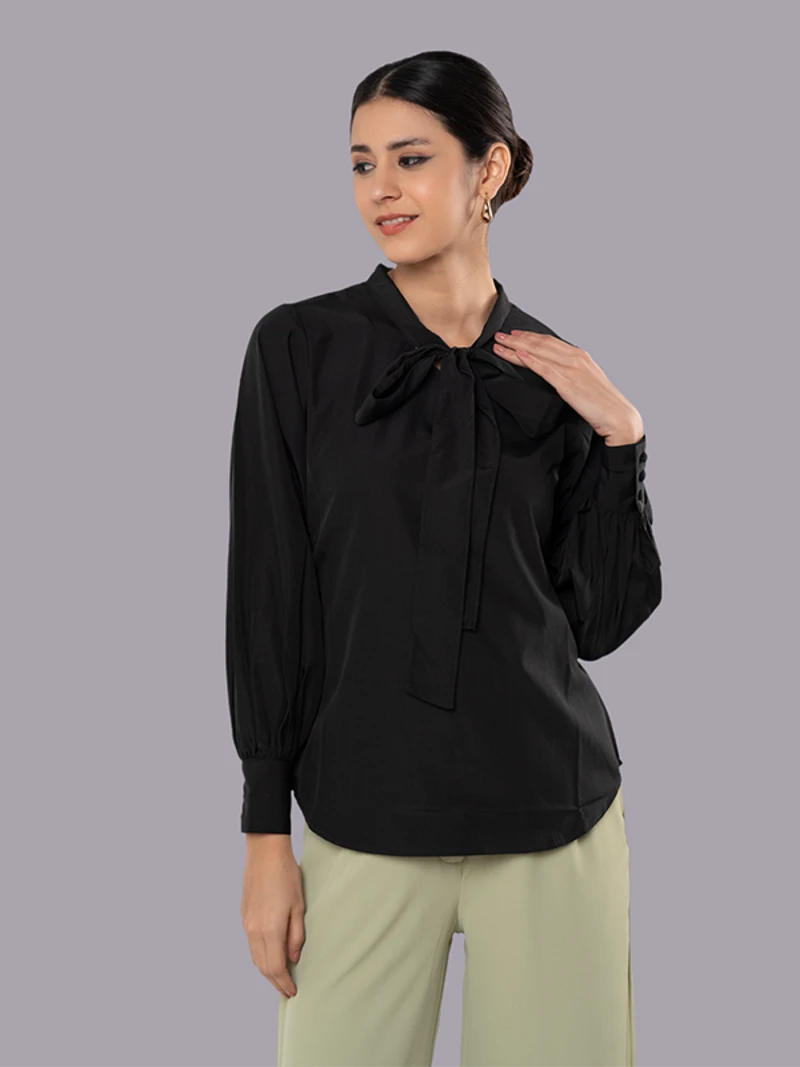 Black Crepe V-Neck Top With Ties And Bishop Sleeves