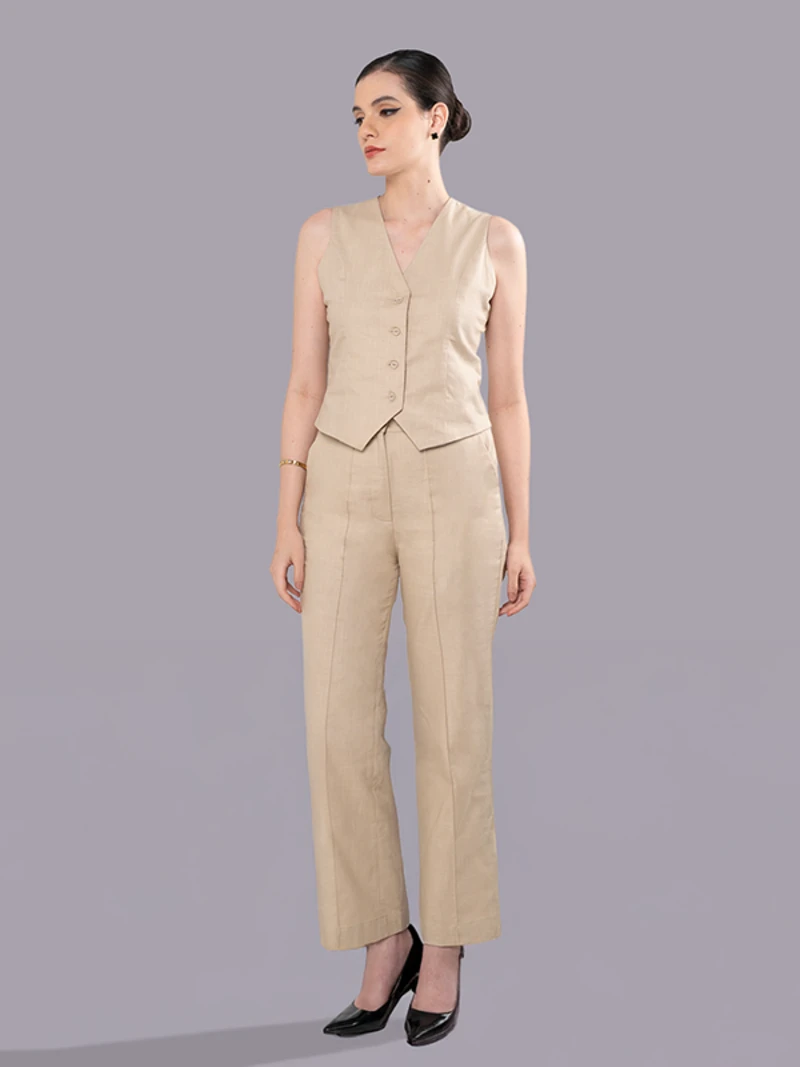 Beige Linen-Blend Waistcoat Coord Set For Formal Wear