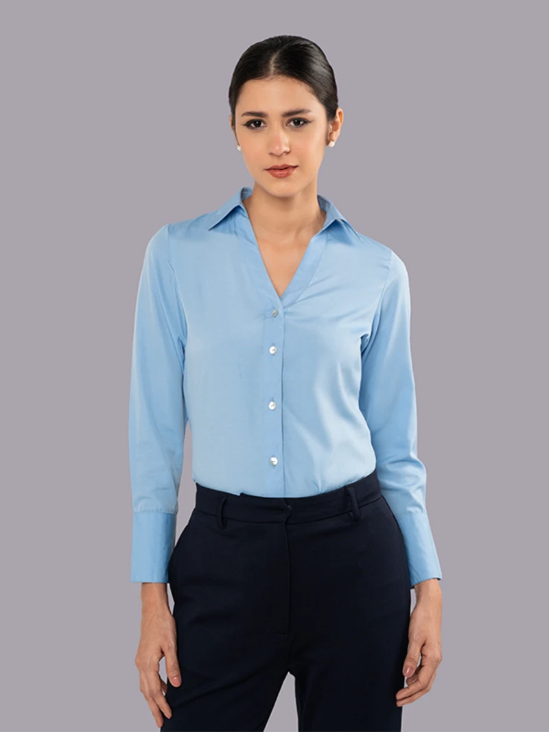 Blue Crepe Solid Shirt With V-Cut Placket