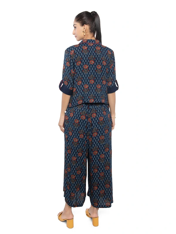 Blue Viscose 3-Piece Set With Floral Shirt, Inner, And Pants 3