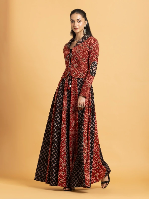 Multicolor Ajrakh Cropped Jacket & Flared Skirt Ethnic Co-Ord Set 4