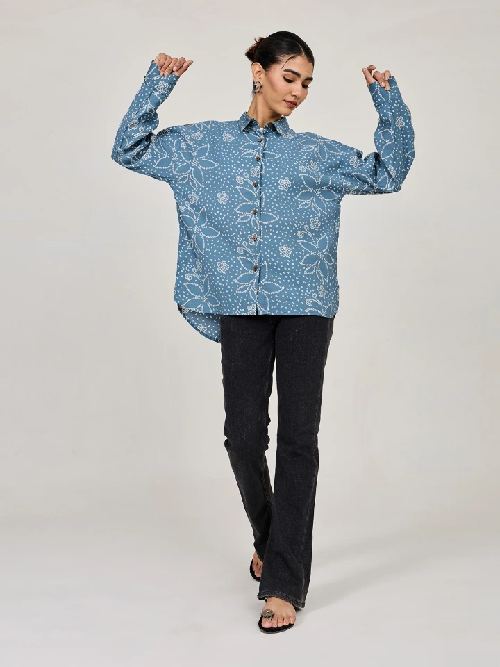 Blue Bandhani Printed Oversized Shirt For Women