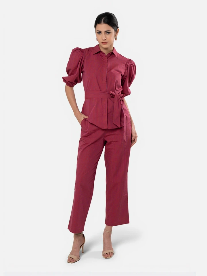 Pink Striped Puff Sleeve Top With Matching Trouser Coord Set