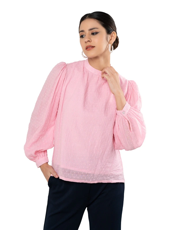 Pink Top With Mandarin Collar And Bishop Sleeves 2