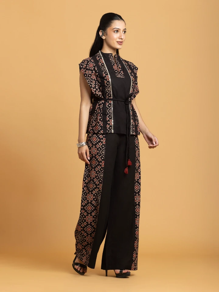 Black Ajrakh Panelled Peplum Top & Wide-Leg Trousers Ethnic Co-ord Set