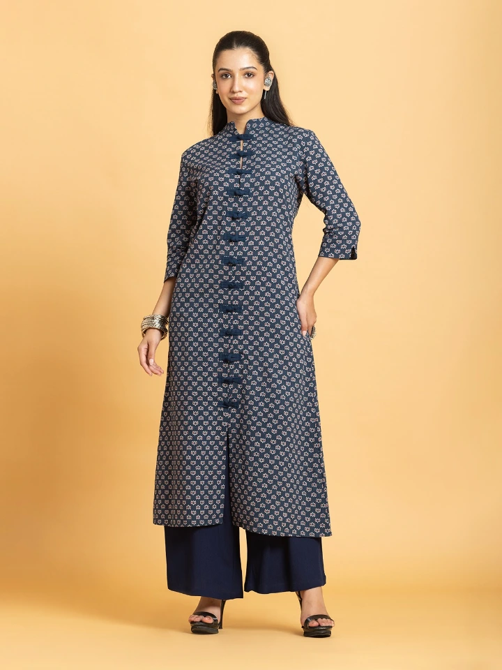 Navy Blue Ajrakh Printed A-Line Kurta With Fabric Frog Knots