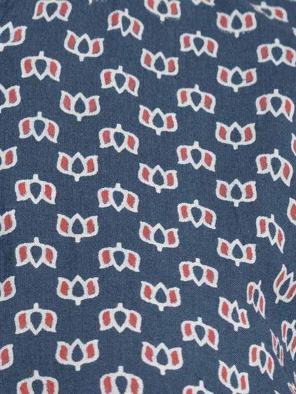 Navy Blue Ajrakh Printed A-Line Kurta With Fabric Frog Knots 7