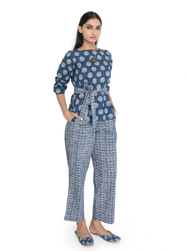 Blue printed cotton co-ord set for women with belt 1