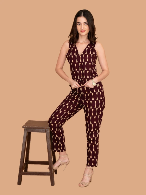 Maroon Printed Waistcoat And Trousers Cotton Co-Ords 2