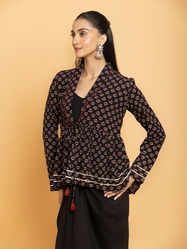 Black Ajrakh Printed Ethnic Shrug for Women 3