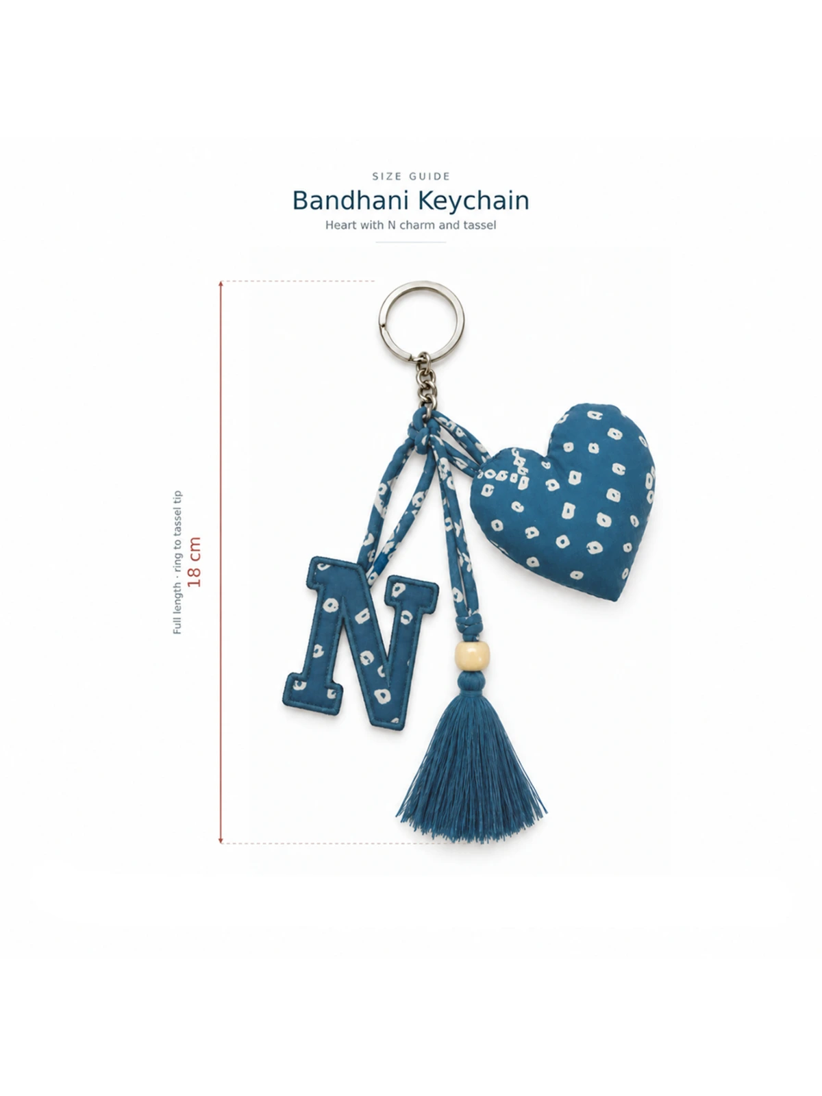 Blue Bandhani Customizable Letter Keychain With Tassel and Heart Charm thumbnail 3