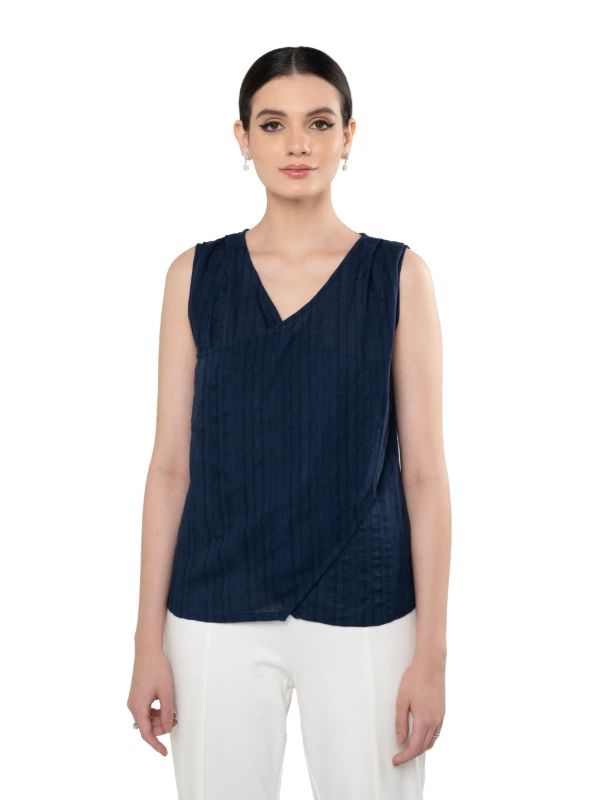 Blue Wrap-Style Loose Fit Top For Women