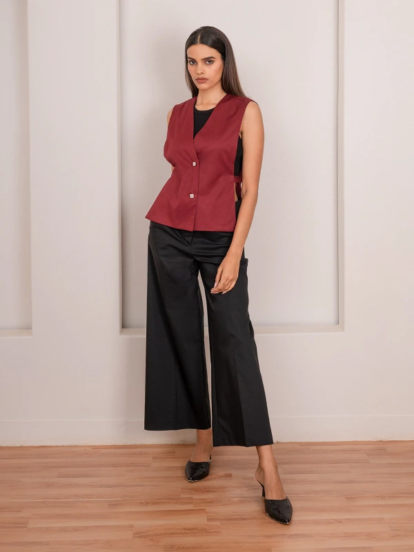Maroon Formal V Neck Sleeveless Waistcoat 2