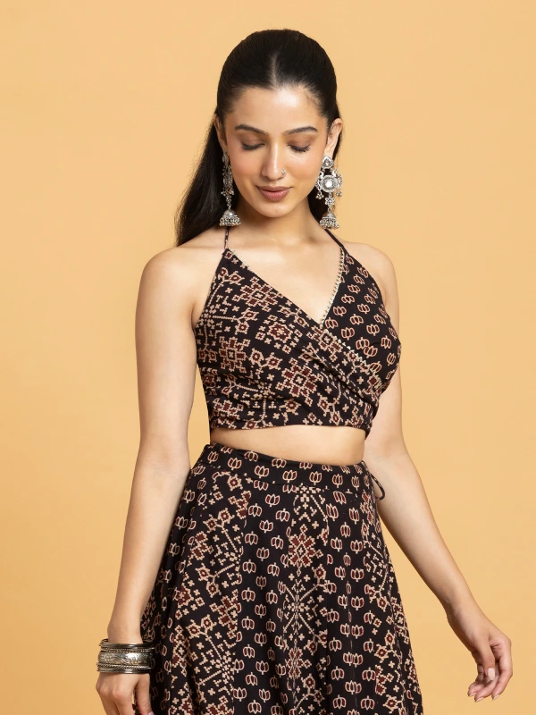Black Ajrakh Printed Halter Neck Crop Top 5