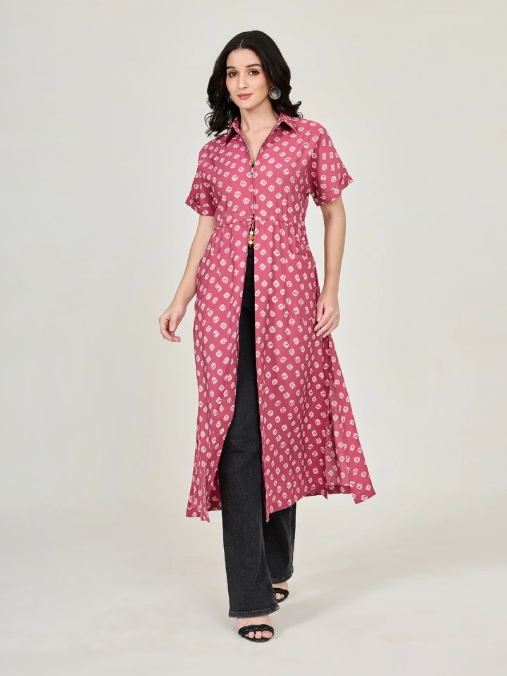 Pink Bandhani Printed Long Shrug