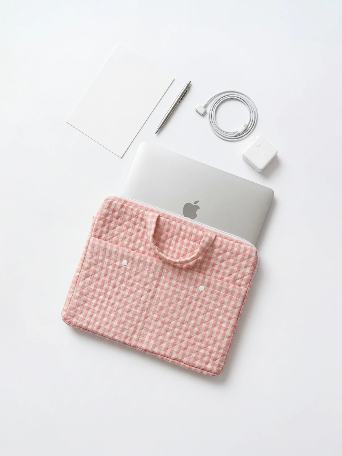 Light Pink Gingham Print Laptop Sleeve Bag with Two Utility Pockets for MacBook thumbnail 4