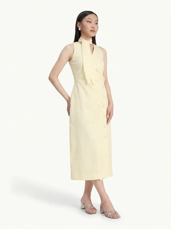 Yellow Straight Fit Formal Dress With Scarf Tie 4