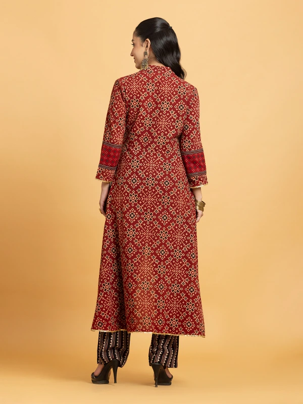 Multicolor Ajrakh Printed High Low Kurta Set 6
