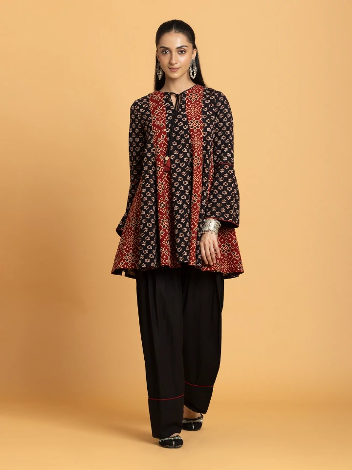 Multicolor Ajrakh Printed Flared Kurti With Farshi Kurta Set For Women