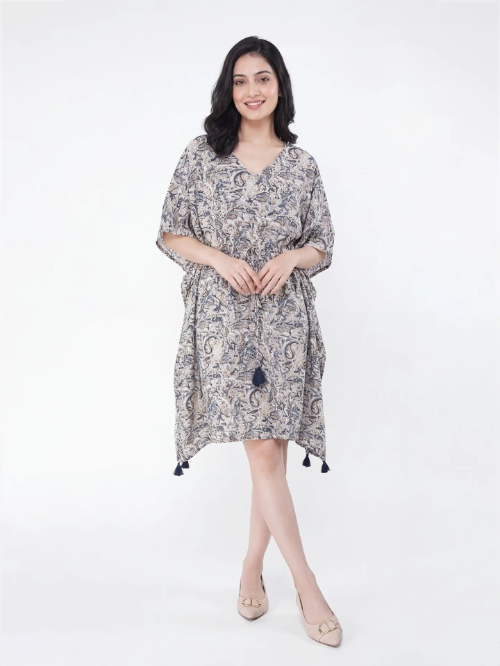 Off White Viscose V Neck Abstract Print Kaftan